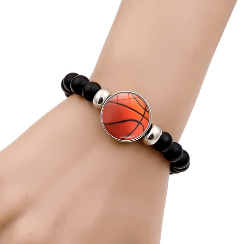Sport Kraal Armband Voor Mannen Vrouwen Verstelbare Zwarte Matte Kralen Basketbal Voetbal Honkbal Patroon Glas Charm Armband