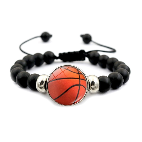 Sport Kraal Armband Voor Mannen Vrouwen Verstelbare Zwarte Matte Kralen Basketbal Voetbal Honkbal Patroon Glas Charm Armband