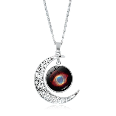 Crescent Moon Nebula Anhänger Halskette Legierung Glas Hohlraum Galaxie Weltraum Thema Schmuck Für Damen Herren
