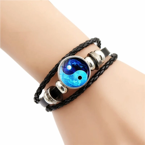Vintage Multi-Layer Braided Leather Bracelet Yin Yang Tai Chi Dragon Koi Fish Glass Gem Charm Adjustable Wrap Bracelet For Men Women Jewelry