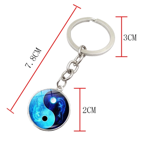 Porte-clés Cabochon en Verre Yin Yang Tai Chi Dragon Loup Koi Pendentif Rond en Alliage de Zinc Anneau de Clé pour Cadeau Accessoires Unisexe