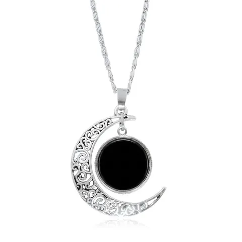 Collar Con Colgante De Luna Hueca Aleación Vidrio Filigrana Vintage Color Plata Base De Bandeja Redonda Joyas