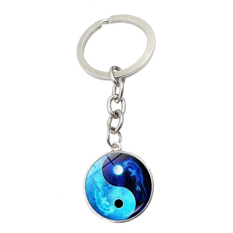 Porte-clés Cabochon en Verre Yin Yang Tai Chi Dragon Loup Koi Pendentif Rond en Alliage de Zinc Anneau de Clé pour Cadeau Accessoires Unisexe