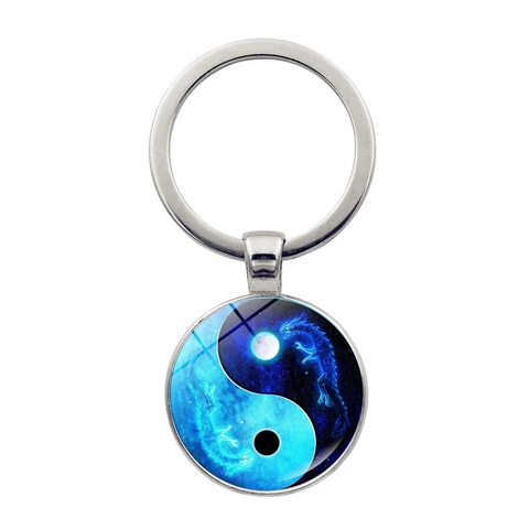 Yin Yang Taiji Drache Wolf Koi Fisch Schlüsselanhänger Zinklegierung Glas Cabochon Vintage Tasche Anhänger Schlüsselanhänger Für Herren Damen Geschenk