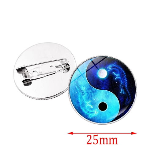 Yin Yang Tai Chi Round Brooch Pin Alloy Glass Gemstone Dragon Wolf Koi Pattern Badge For Clothing Bags Unisex Accessories