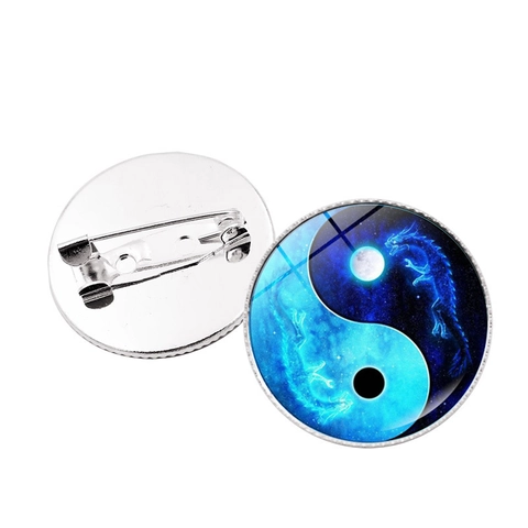 Yin Yang Tai Chi Round Brooch Pin Alloy Glass Gemstone Dragon Wolf Koi Pattern Badge For Clothing Bags Unisex Accessories
