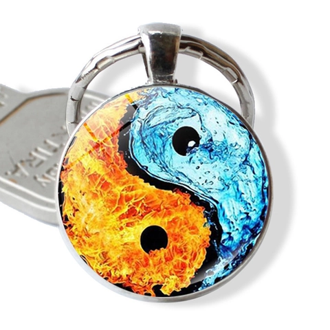 Porte-clés Vintage Yin Yang Tai Chi en Alliage de Zinc Verre Cabochon Dragon Loup Carpe Koi Pendentif Cadeau Ethnique