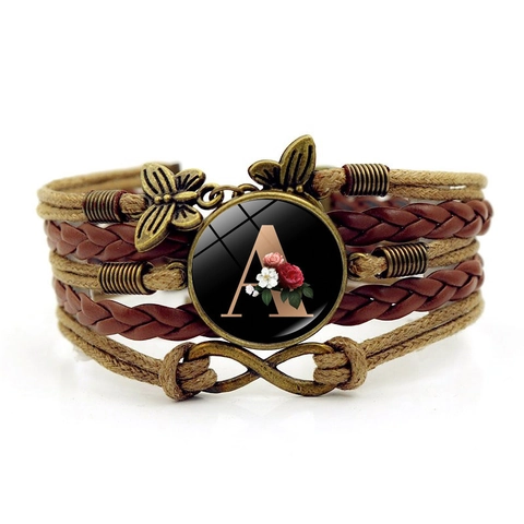 Handmade Multi-layer Braided Leather Alphabet Bracelet Vintage Alloy Butterfly Infinity Symbol Glass Flower Jewelry Gift For Women Men