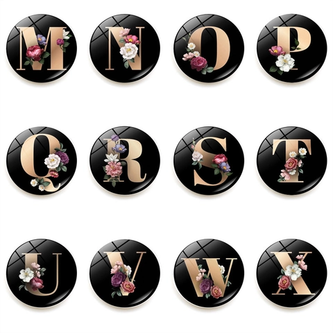 Round Glass Refrigerator Magnet With Golden Alphabet Letter Flower Pattern Magnetic Whiteboard Sticker Home Decor