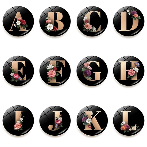 Round Glass Refrigerator Magnet With Golden Alphabet Letter Flower Pattern Magnetic Whiteboard Sticker Home Decor