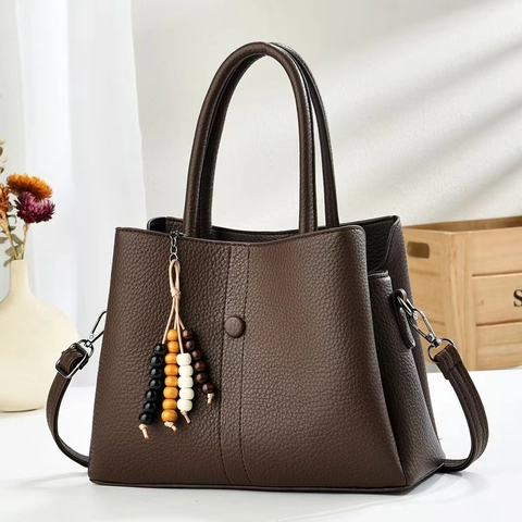 Womens Litchi Grain PU Leather Handbag With Wooden Bead Tassel Simple Shoulder Crossbody Bag For Daily Commuting Office