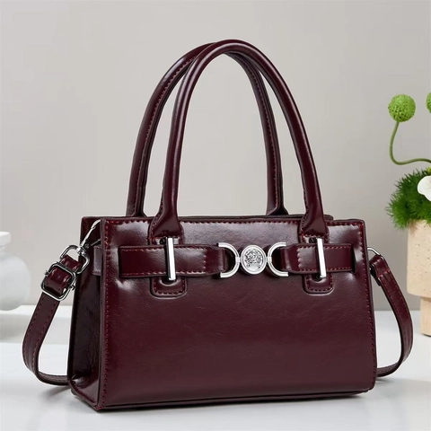 Women Fashion Glossy PU Leather Handbag With Lion Head Metal Buckle Retro Stitching Shoulder Crossbody Bag For Daily Travel