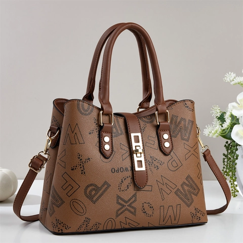 Women Fashion Letter Print Tote Bag PU Leather Handbag Large Capacity Shoulder Crossbody Bag With Adjustable Strap Office Daily Purse