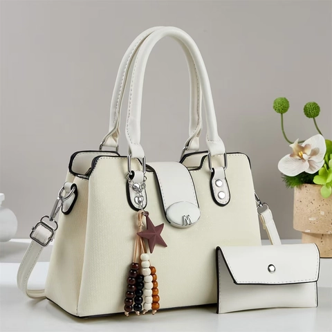 Elegant Women PU Leather Shoulder Bag And Wallet Set Large Capacity Woven Texture Tote Handbag With Star Charm Fashion Satchel Bag