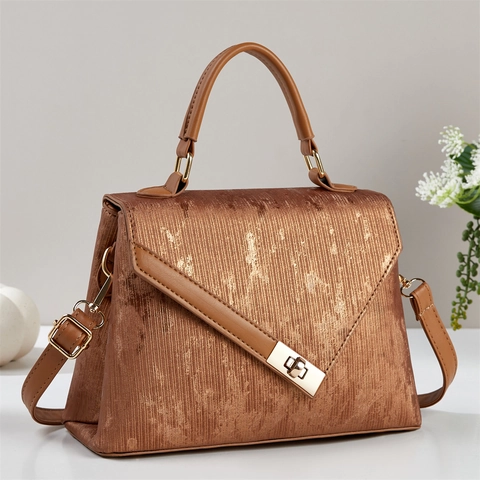 Women Metallic Texture PU Leather Handbag Top Handle Adjustable Shoulder Strap Geometric Flip Lock Elegant Fashion Bag