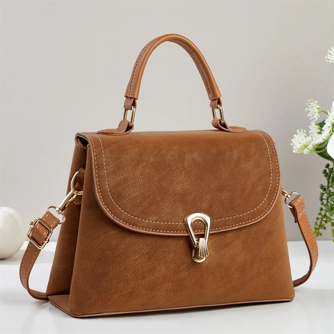 Vintage Women PU Leather Handbag Retro Lychee Pattern Top Handle Shoulder Crossbody Bag With Gold Hardware Elegant
