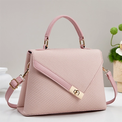 Elegant PU Leather And Woven Fabric Handbag For Women Trapezoid Shoulder Crossbody Bag With Gold Lock Closure