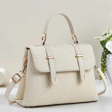 Sac À Main Femmes Motif Chevrons Tissé Cuir PU Sac Bandoulière Vintage Élégant Sac À Rabat Boucle Dorée