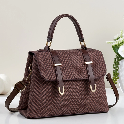Sac À Main Femmes Motif Chevrons Tissé Cuir PU Sac Bandoulière Vintage Élégant Sac À Rabat Boucle Dorée