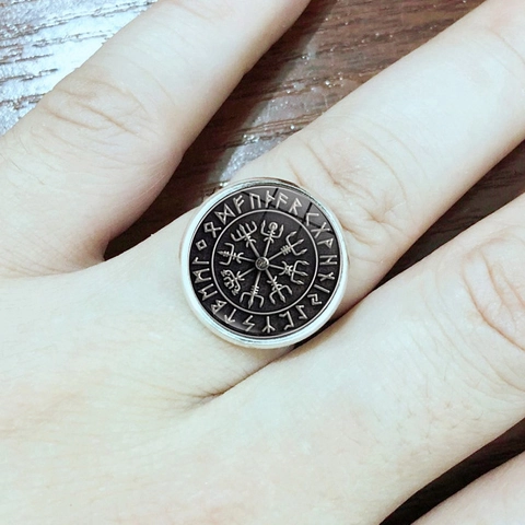 Nordisch Wikinger Vegvisir Kompass Offener Ring Vintage Kupfer Glas Cabochon Runen Verstellbarer Ring Für Damen Herren