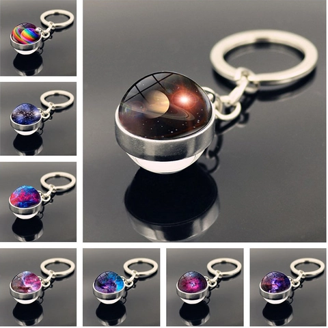 Solar System Universe Keychain Double Sided Glass Ball Pendant Zinc Alloy Key Ring Jewelry For Men Women Gift
