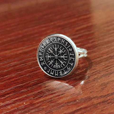 Nordisch Wikinger Vegvisir Kompass Offener Ring Vintage Kupfer Glas Cabochon Runen Verstellbarer Ring Für Damen Herren
