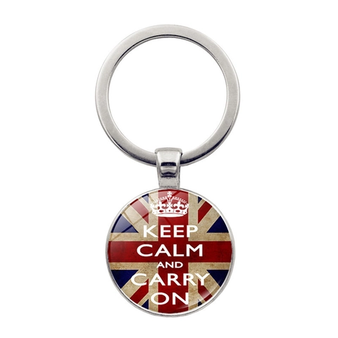 Inspirierende Keep Calm Carry On Schlüsselanhänger Rund Glas Cabochon Zinklegierung Vintage Anhänger Schlüsselring
