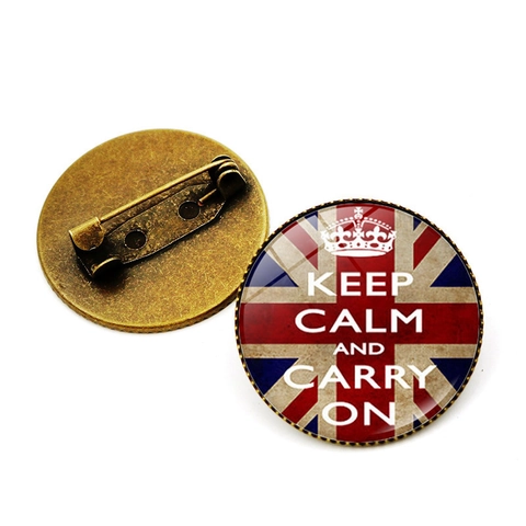 Vintage Ronde Legering Broche Glas Cabochon Keep Calm Slogan Union Jack Patroon Reversspeld Voor Vrouwen Mannen Tas