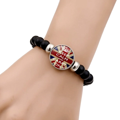 Keep Calm and Carry On Bracciale a Perline Ispiratore Regolabile Resina Nera Vetro Cabochon UK Bandiera Citazione Gioielli Regalo Uomo Donna