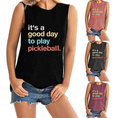 Women Casual Cotton Blend Muscle Tank Top Sleeveless Round Neck It's A Good Day To Play Pickleball Letter Print Sporty Vest