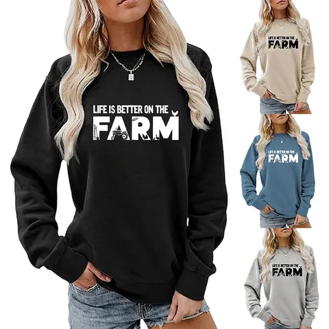 Felpa da Donna Casual Girocollo Life Is Better On The Farm Stampa di Lettere Manica Lunga Larga in Misto Cotone Pullover