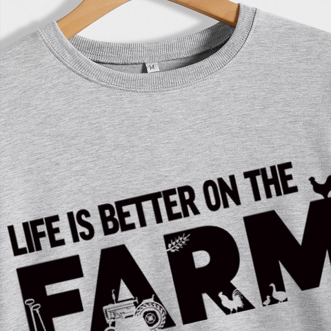 Felpa da Donna Casual Girocollo Life Is Better On The Farm Stampa di Lettere Manica Lunga Larga in Misto Cotone Pullover