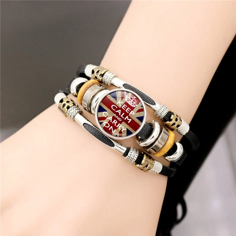 Bracciale In Pelle Multistrato Lega Perline In Legno Cabochon In Vetro Citazione Ispiratrice Keep Calm Stile Punk Retrò Unisex