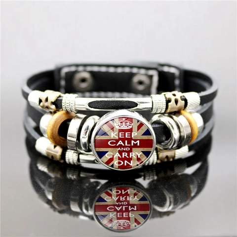 Bracciale In Pelle Multistrato Lega Perline In Legno Cabochon In Vetro Citazione Ispiratrice Keep Calm Stile Punk Retrò Unisex