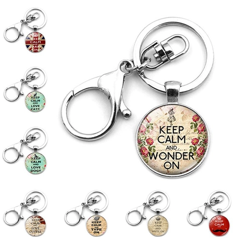 Portachiavi in Lega di Zinco Cabochon di Vetro Keep Calm And Carry On Slogan Portachiavi Vintage Pendaglio per Borsa Auto Regalo