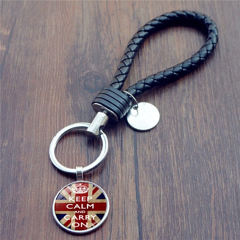 Vintage Geflochtener PU Leder Schlüsselanhänger Zinklegierung Glasstein Keep Calm Britischer Stil Tasche Charm Schlüsselring Unisex Geschenk