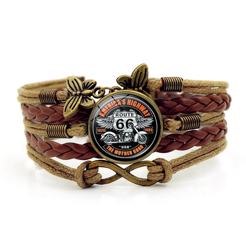 Bracelet en Cuir Tressé Rétro Route 66 Multicouche Infini Papillon Unisexe Bijoux Panneau Autoroute Américaine Poignet