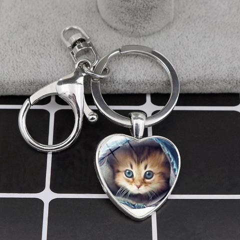Hartvormige Sleutelhanger Zinklegering Glas Kat Foto Hanger Schattig Tas Ornament Cadeau Voor Liefhebbers Van Huisdieren