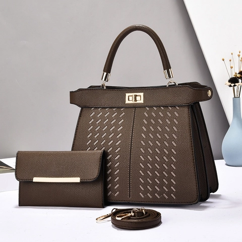 Handtasche Und Brieftasche Damen Gewebtes Muster Litchi Textur PU Leder Schultertasche Goldener Drehverschluss