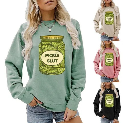 Damen Sweatshirt Rundhals Baumwollmischung Langarm Pickle Slut Druck Lustig Grafik Pullover Casual Streetwear