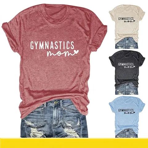 Women Cotton Blend T-Shirt Gymnastics Mom Letter Print Short Sleeve Round Neck Loose Casual Top