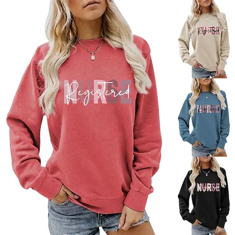 Sweatshirt À Col Rond Pour Femme Mélange De Coton À Manches Longues Imprimé Lettres Registered Nurse Pull Décontracté