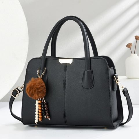 Sac à Main Femme en Cuir PU Saffiano Élégant Grand Fourre-tout Avec Pompon Sac à Bandoulière Pour Bureau Dames