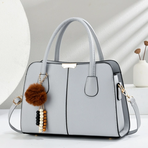 Women Saffiano PU Leather Handbag Large Capacity Top Handle Bag With Fur Ball Charm Crossbody Shoulder Bag For Daily Office