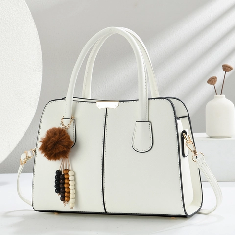 Women's Fashion PU Leather Crossbody Bag Saffiano Texture Tote Handbag with Fur Ball Pendant Casual Shoulder Bag