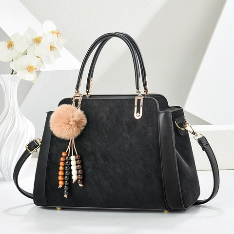 Bolso de Mano de Cuero PU de Gran Capacidad para Mujer con Empalme de Color en Contraste Bolso de Hombro con Pompón