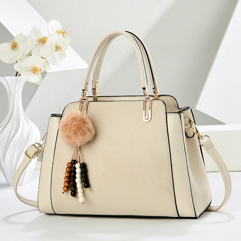 Bolso de Mano de Cuero PU de Gran Capacidad para Mujer con Empalme de Color en Contraste Bolso de Hombro con Pompón