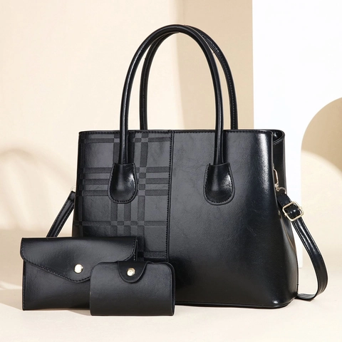 Sac À Main Femme En Cuir PU Sac Cabas Sac Bandoulière Pochette Portefeuille Et Porte-Cartes Treillis Relief Élégant Sac À Épaule