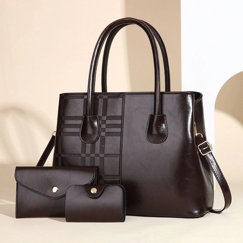 Sac À Main Femme En Cuir PU Sac Cabas Sac Bandoulière Pochette Portefeuille Et Porte-Cartes Treillis Relief Élégant Sac À Épaule