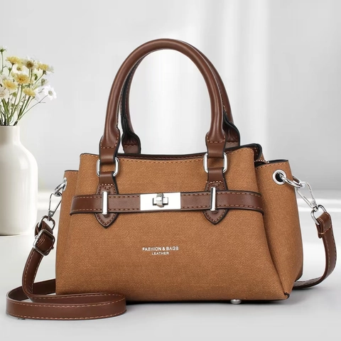 Vintage PU Leather Handbag Women Crossbody Bag Contrast Color Metal Turn-Lock Top Handle Retro Fashion Shoulder Bag